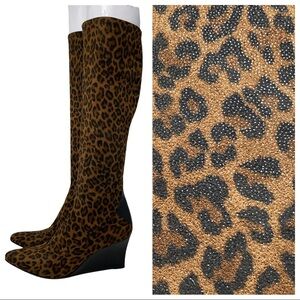 Stuart Weitzman Leopard Print Knee High Leather Wedge Boots Size 8 N Narrow